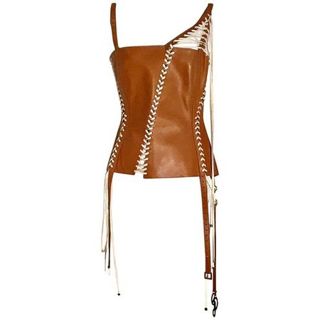 Dolce & Gabbana Tan Brown Leather Laced Corset Bustier Style Tank