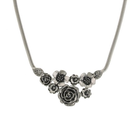 1928 Jewelry Silver-Tone Flowers and Leaves Bib Necklace