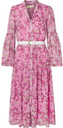 Belted Tiered Floral-print Chiffon Midi Dress - Pink