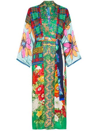 Rianna + Nina long multi floral check print silk kimono robe $3,331 - Buy Online AW18 - Quick Shipping, Price