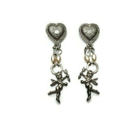 Vintage Silver Tone Drop Dangle Cupid Cherub Earrings Rhinestones Faux Pearls - Earrings