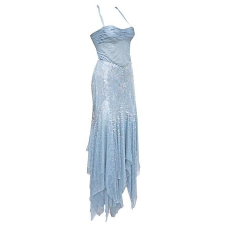 Atelier Versace couture embellished baby blue halter neck evening gown, c. 1990s For Sale at 1stDibs