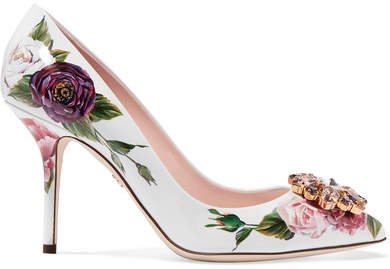 Crystal-embellished Floral-print Patent-leather Pumps - White