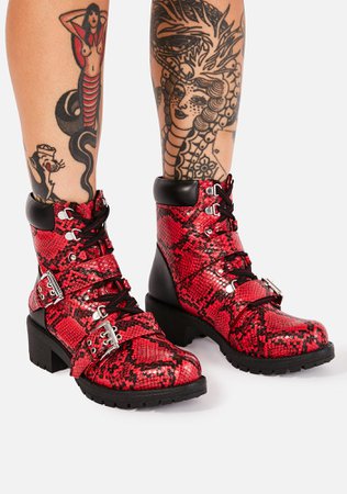 *clipped by @luci-her* Vegan Leather Buckle Combat Boots - Red | Dolls Kill