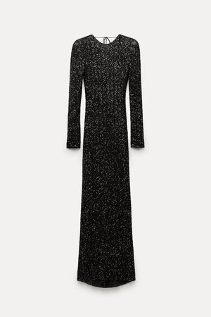 SHOULDER PADS SEQUIN DRESS long maxi black