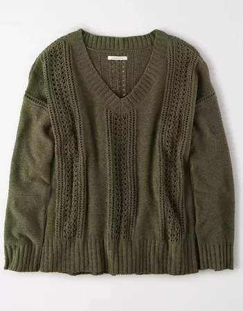 AE Pointelle V-Neck Sweater green