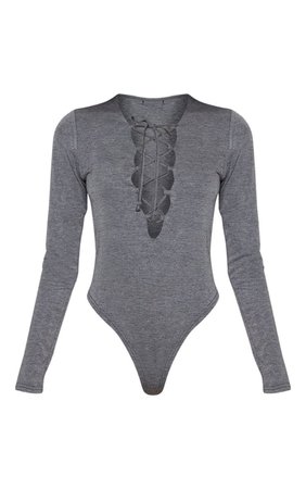 CHARCOAL GREY JERSEY LACE UP LONG SLEEVE BODYSUIT