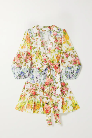 ZIMMERMANN + NET SUSTAIN tiered floral-print organic linen mini wrap dress