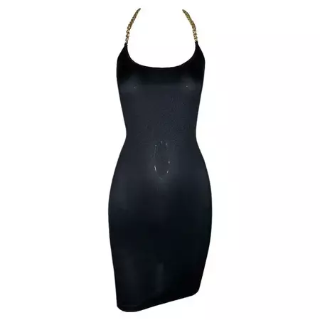 NWT 1990's Dolce and Gabbana Semi-Sheer Black Gold Chain Halter Mini Dress For Sale at 1stDibs
