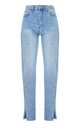 Mid Blue Wash Split Hem Straight Leg Jeans | PrettyLittleThing