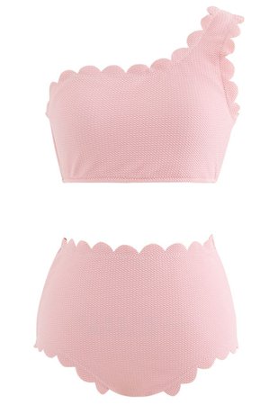 One-Shoulder Scalloped Bikini Set in Pink - Retro, Indie and Unique Fashion