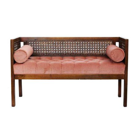 Caned Back Settee with Tufted Seat and Cylindrical Bolster Pillows | Chairish