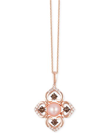 Le Vian Chocolatier® 14k Rose Gold Pink Freshwater Pearl and Diamond Flower Pendant Necklace