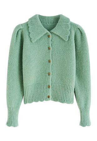 Retro Rose Buttons Scalloped Collar Knit Cardigan in Green - Retro, Indie and Unique Fashion