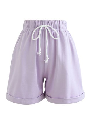 Folded Hem Drawstring Pockets Shorts in Lavender - Retro, Indie and Unique Fashion