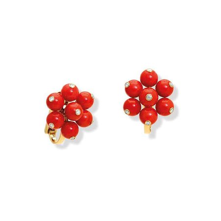 Cavolfiore Red Orange Coral and Diamond Yellow Gold Ear Studs