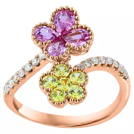 Pink and Yellow Sapphire Flower Diamond Ring in 18K Rose Gold For Sale at 1stDibs