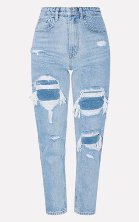 Prettylittlething Mid Blue Distressed Mom Jean | PrettyLittleThing USA