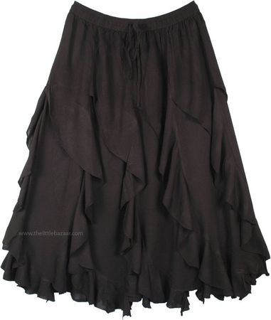 Midnight Black Spiral Ruffles Mid Length Gypsy Skirt | Black | Misses, Dance, Fall, Solid, Halloween