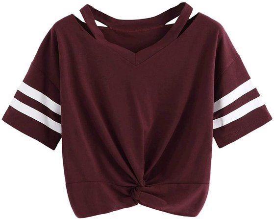 SweatyRocks Women's Twist Front Cut Out Short Sleeve Crop Top T-Shirt (Small, Burgundy) at Amazon Women’s Clothing store