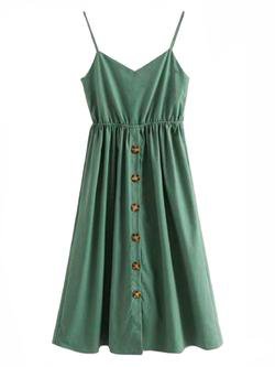 'Daleyza' Olive Green Button-Front Tied-Back Midi Dress