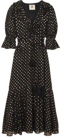 Nyla Ruffled Metallic Printed Georgette Maxi Dress - Black