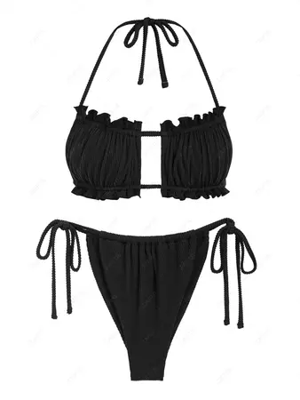 Multiway Frilled Textured String Tanga Bikini Set In BLACK | ZAFUL 2024