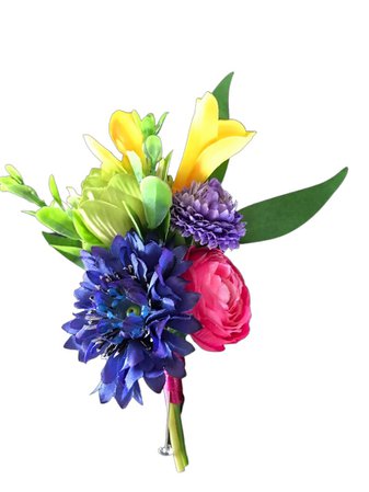 Exotic flowers wedding flowers-Pink, yellow, blue boutonniere