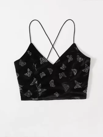 Velvet Butterfly Graphic Lace Up Crop Cami | ROMWE USA