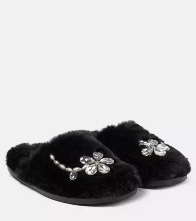 Embellished Faux Shearling Slippers in Black - Simone Rocha | Mytheresa