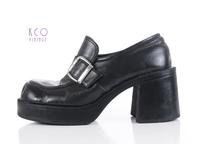 90's Platform Shoes Black Vegan Leather Penny Loafers Chunky Block Hee – KCO VINTAGE