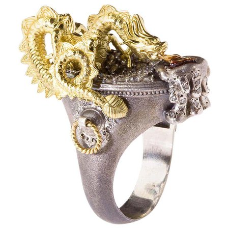 Stambolian Aged Silver 18 Karat Gold Milky and White Diamond Dragon Ring