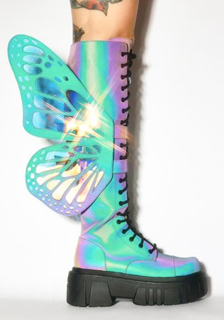 Club Exx Rainbow Reflective Iridescent Butterfly Wing Knee High Combat Boots | Dolls Kill