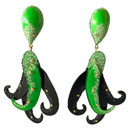 Contemporary Green and Black Sea Creature Statement Earrings For Sale at 1stdibs