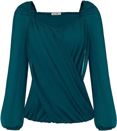 GRACE KARIN Women's Lantern Long Sleeve Tops 2023 Casual Loose Chiffon Shirts Criss Cross Ruffle Pleated Blouses at Amazon Women’s Clothing store