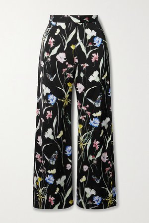 Floral-print Matte-satin Straight-leg Pants - Black