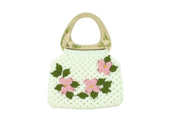60s Macrame Floral Handbag White Pink Floral Purse Tote Bag | Etsy