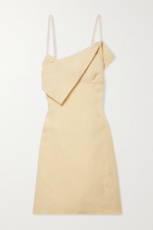 Open-back Draped Linen Mini Dress - Pastel yellow