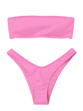 High Cut Ribbed Bandeau Bikini Set PINK: Bikinis S | ZAFUL