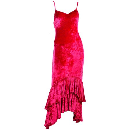 *clipped by @luci-her* Sonia Rykiel Vintage Raspberry Pink Crushed Velvet Dress W/ Ruffled High Low Hem For Sale at 1stDibs