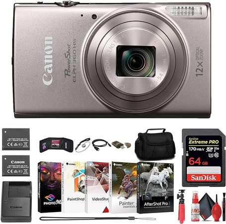 Amazon.com : Canon Power-Shot ELPH 360 HS Digital Camera (Silver) (1078C001) + 64GB Memory Card + NB11L Battery + Case + Charger + Card Reader + Corel Photo Software + Flex Tripod + More (14 Items) (Renewed) : Electronics