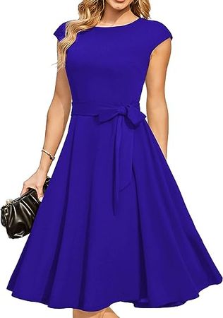 DRESSTELLS Vintage Tea Dress for Women, 1950s Cocktail Party Dresses, Modest Bridesmaid Dress for Wedding, Fit Flare Prom Dress, Casual Aline Work Dress RoyalBlue L at Amazon Women’s Clothing store