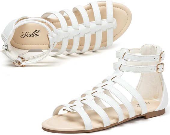 Amazon.com | katliu Women's Gladiator Sandals Slip Resistant Flat Strap Sandal Ankle Zipper Womens Sandals Summer White 9 | Flats