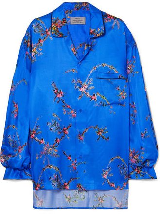 Oversized Asymmetric Floral-print Satin Shirt - Blue