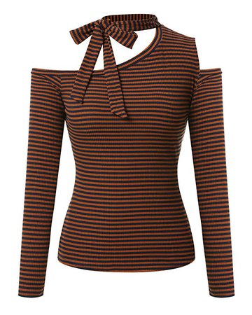 Brown Cold-Shoulder Tie-Neck Shirt (Striped)