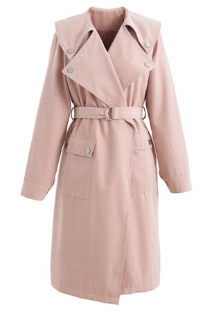 Suede Pocket Belted Trench Coat in Dusty Pink - Retro, Indie and Unique Fashion
