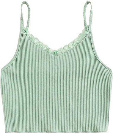 Verdusa Women's Contrast Lace Spaghetti Strap Ribbed Knit Crop Cami Top Light Green S at Amazon Women’s Clothing store