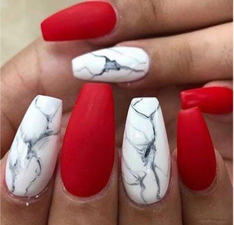 Matte Red Nails white marble