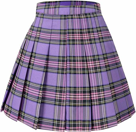 Hoerev Women Girls Short High Waist Pleated Skater School Uniform Tennis Skirt,Purple with Stripes,4,M at Amazon Women’s Clothing store