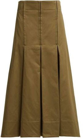 Pleated Cotton Sateen Skirt - Womens - Dark Green